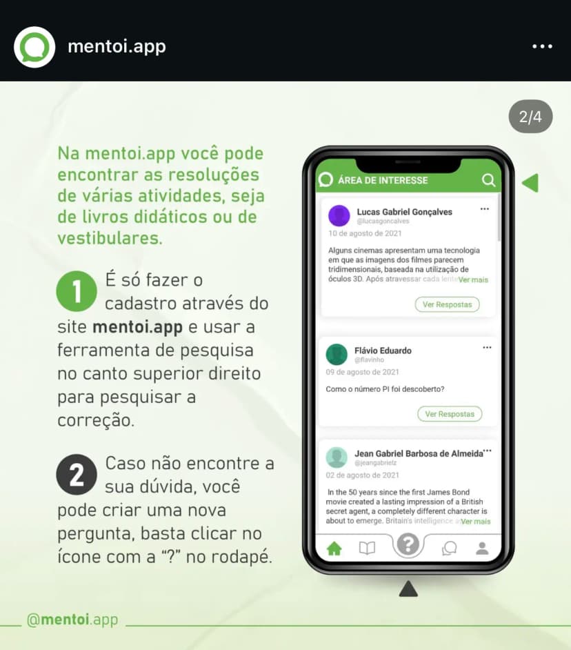 Instagram post from mentoi.app: a phone showing the app's "Interest Area" screen with student questions, next to instructions on how to sign up and search for solutions to textbook and entrance-exam exercises