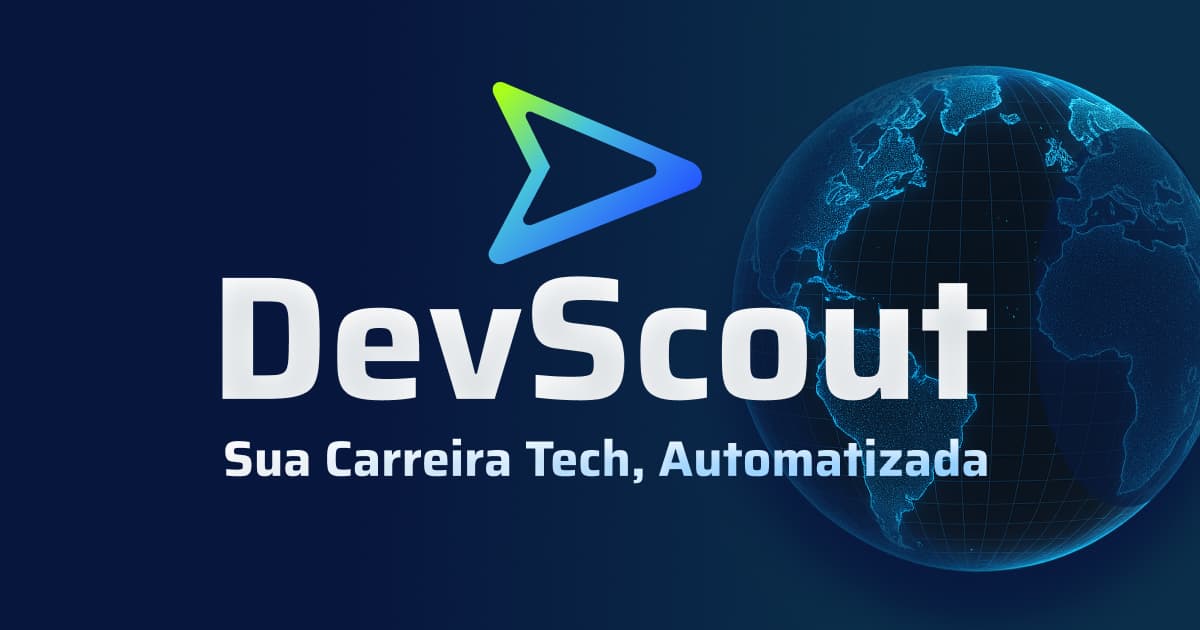 DevScout cover: green-to-blue gradient play arrow over a blue digital globe, with the name "DevScout" and the tagline "Your Tech Career, Automated"