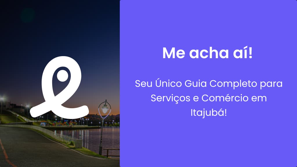 Me Acha Aí cover: white location-pin logo over a night photo of the Itajubá waterfront, next to the tagline "Your Complete Guide to Services and Commerce in Itajubá!" on a purple background